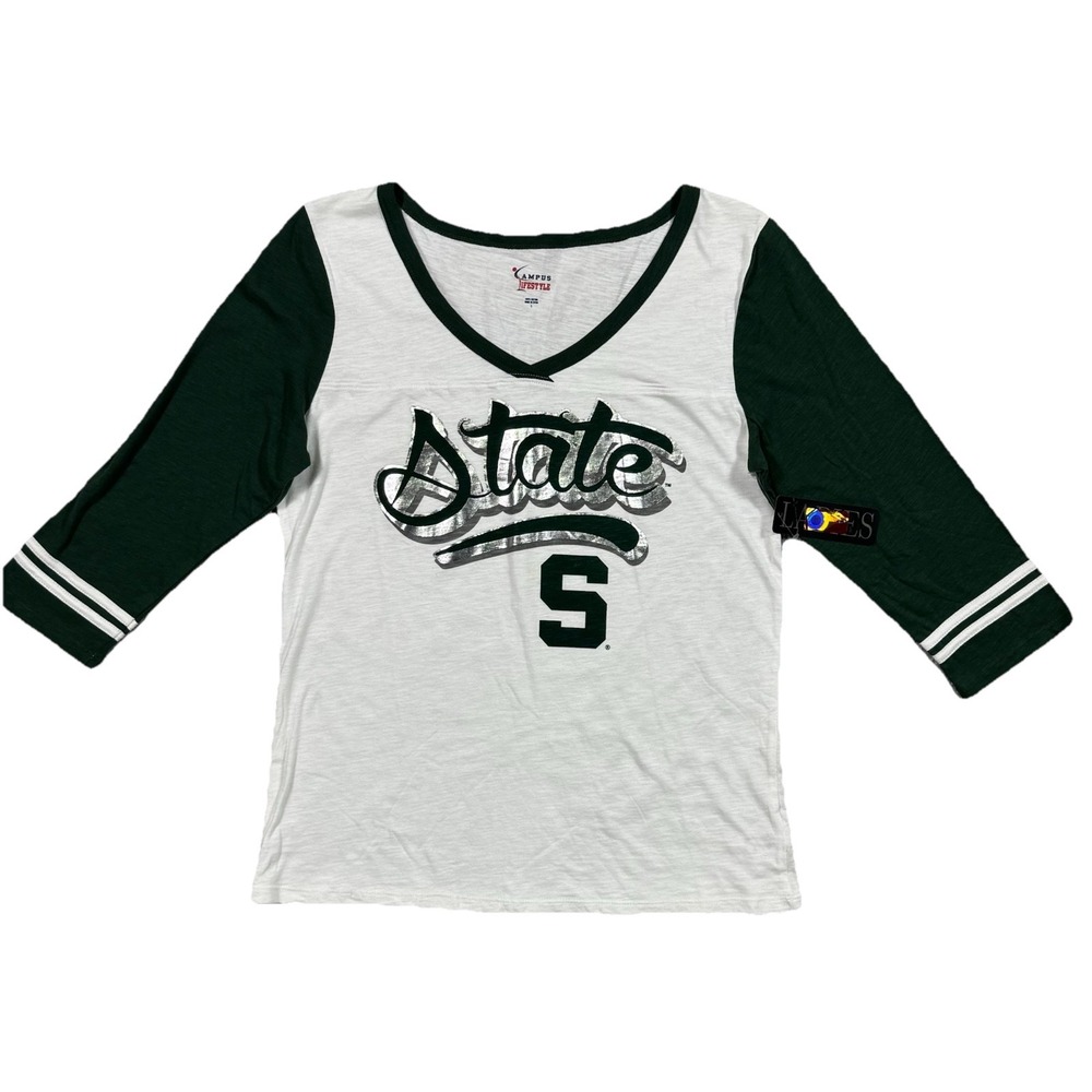 NWT Michigan State Spartans Ladies Green White Silver‎ V Neck  T Shirt Large